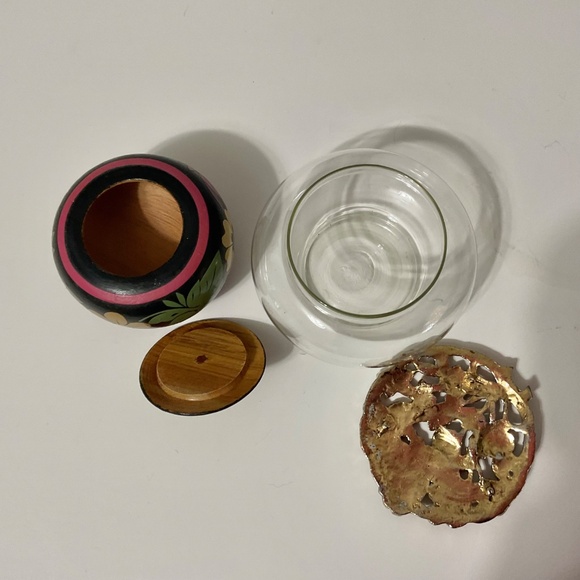 VTG Handpainted Lacquerware Trinket or Sugar Bowl & Glass Metal Trinket Dish - Picture 5 of 7